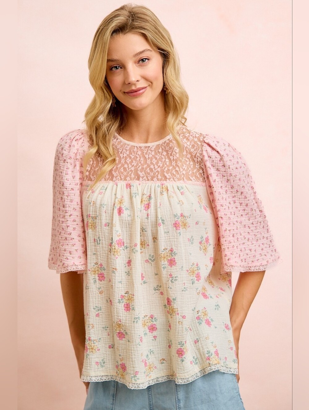 BiBi Crinkle Floral Gauze Mix And Matched Blouse Top